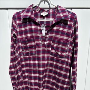 Loft Pink Plaid, v-neck collared shirt, size M